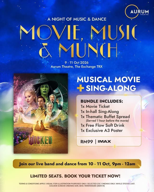 GSCinemas's tweet photo. Step into a shiz-tastic Wicked experience once again. 💚🩷✨ Exclusively in Movie, Music & Munch, catch #Wicked or #WickedForGood with an experience worthy of every witch:
🍽️ Thematic buffet served 1 hour before your movie at Kissa Cafe & Diner
🎬 #IMAX screening of your chosen movie
🎤 Sing-along after the movie, sing your heart out with fellow Ozians
🥤 Free-flow soft drinks
🖼️ Exclusive A3 poster to bring home
And when the curtain falls, keep the night going at The Cellar, Level 1 with live music and a dance floor from 9PM–12AM on 10 & 11 October, open to the public. 🎶
Whether you’re feeling Popular or ready to Defy Gravity, your Wicked weekend awaits. 🎟️ Secure your seats now via the GSC app or website!