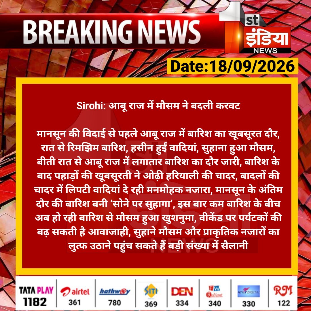 1stIndiaNews's tweet photo. #Sirohi: #आबूराज में मौसम ने बदली करवट

मानसून की विदाई से पहले आबू राज में बारिश का खूबसूरत दौर, रात से रिमझिम बारिश, हसीन हुईं वादियां...

#WeatherUpdate #RajasthanWithFirstIndia https://t.co/BFvdcMG3Hp