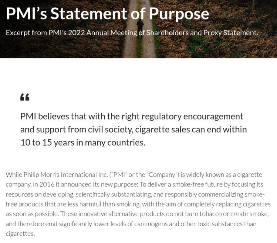 VitalikButerin's tweet photo. Screenshots of the Philip Morris website.

(reminder: they're a leading cigarette company)

It's a good calibration point for how good modern marketing is at dressing up pretty much any corporate (or, for that matter, government) behavior and making it sound responsible and safe. https://t.co/DYa3L29xzc