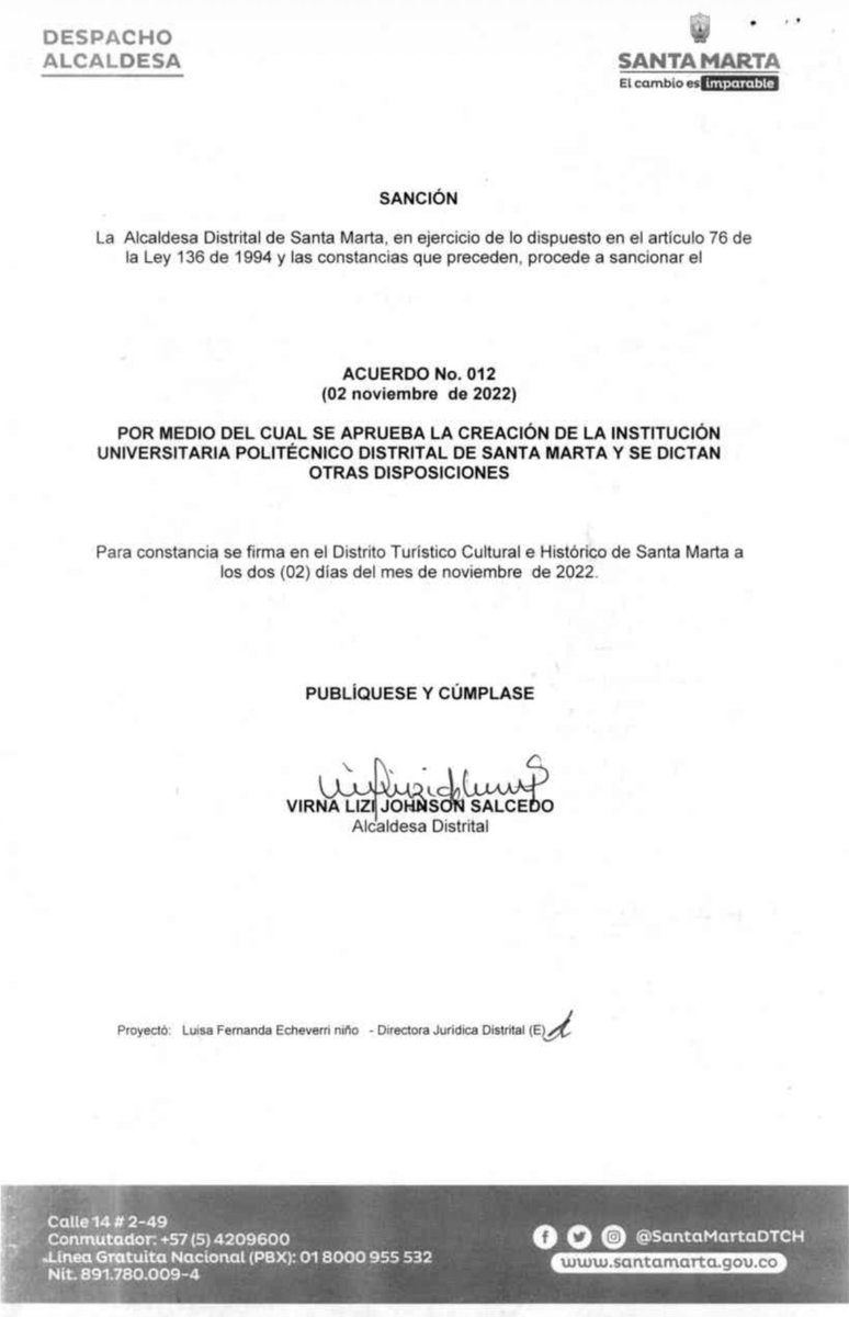 lpinzonbolano's tweet photo. ¿La Institución Universitaria de Santa Marta existe, en teoría, desde hace 10 años? La institución fue creada mediante Acuerdo Distrital 012 del 2 de noviembre de 2022, y con código SNIES del 13 de enero de 2023, expedido por el Ministerio de Educación.

¿Cuál es la motivación para que una persona que trabaja o trabajó en esa institución haga esa mentirosa afirmación?
