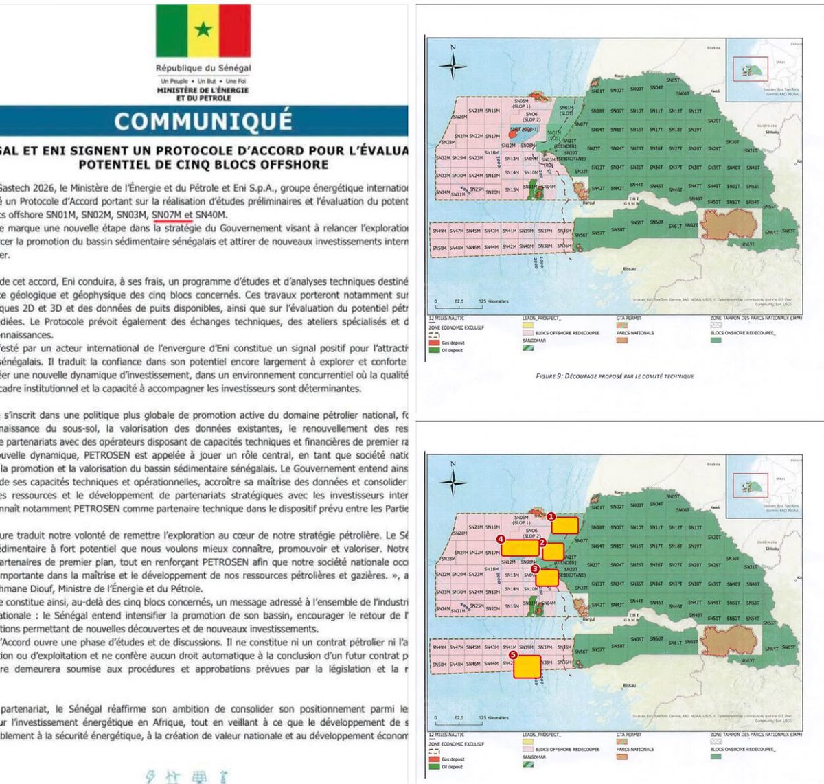 KiliFeuu's tweet photo. ��� Le bradage de Yakaar-Teranga 

Par Alioune GUÉYE, ancien DG PETROSEN HOLDING SA. 

Cette semaine, dans l'indifférence quasi générale, le Ministre de l'Énergie et du Pétrole a publié un communiqué annonçant la signature d'un Protocole d'Accord avec Eni sur cinq blocs offshore. Peu de Sénégalais y ont prêté attention. Ils devraient cependant. 

Car pendant que le Gouvernement agite un supposé manque à gagner de 55 millions de dollars pour justifier son changement de cap sur Yakaar-Teranga, ce même Protocole porte entre autres sur le bloc SN07M, qui est Yakaar-Teranga lui-même. (En bleu dans la 1ere photo et le numéro 4 dans la 2eme)

Yakaar-Teranga n'a besoin d'aucune nouvelle évaluation. Elle a déjà été faite: des années d'études techniques, de données sismiques, de rapports d'ingénierie, de travaux de framing studies menés avec des partenaires internationaux de premier plan (TPAO, Worley, Subsea 7, Baker Hughes, Wison). Ce travail existe, il est documenté, il a un coût déjà payé par l'État sénégalais.

Ce bloc n'a pas été donné au Sénégal. Il a été repris de haute lutte : le retrait de Kosmos en avril 2026 a rendu à PETROSEN plus de 20 Tcf de gaz récupérable, sans compensation financière, sans arbitrage, sans procès. 

Et c'est précisément ce bijou reconquis que l'on s'apprête à rouvrir à un nouvel acteur étranger, sous couvert d'un simple « protocole d'études »: qui a décidé de négocier Yakaar-Teranga avec Eni, et pourquoi, alors que PETROSEN pouvait en être l'opérateur à 100% et que le travail technique est fait ?

Le Président Diomaye et le Ministre Abdourahmane Diouf doivent des comptes au peuple sénégalais.