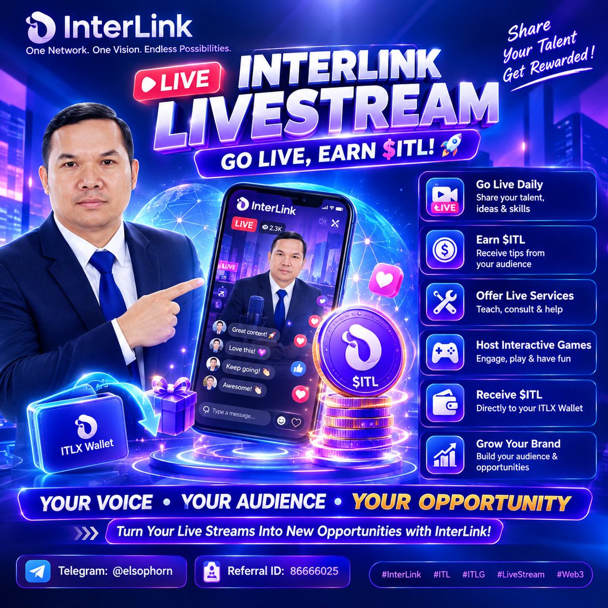 elsophorn's tweet photo. GO LIVE WITH INTERLINK!

🎥 Share your talent, connect with your audience, and earn $ITL through tips, services, and interactive experiences.

🔥Your Voice • Your Audience • Your Opportunity
@inter_link 
@itl_fdn 
@leduy4792 
@NhaNha141481 

#InterLink #ITL #ITLG #LiveStream https://t.co/L5EfjKT7Dw