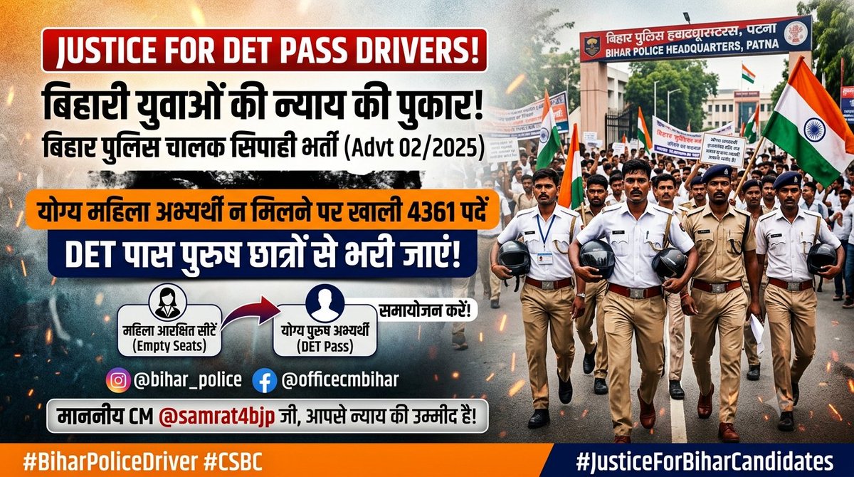 BIKRAMKUMAes's tweet photo. CM @samrat4bjp जी, @bihar_police चालक सिपाही भर्ती (Advt 02/2025) में रिक्त रहने वाली महिला अभ्यर्थियों की सीटों को DET पास पुरुष छात्रों से भरने की कृपा करें। अभ्यर्थियों को न्याय का इंतजार है।
#BiharPoliceDriver #CSBC @officecmbihar @gadbihar https://t.co/QJ0HOn0BHb