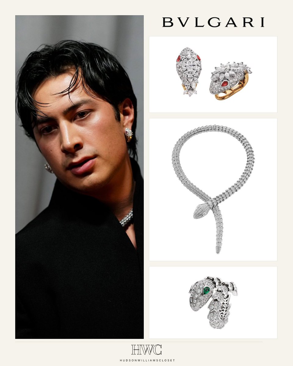 hwcloset's tweet photo. More @Bulgariofficial on Hudson Williams for the world premiere of YAGA at @TIFF_NET:

• High Jewelry Serpenti earrings in white gold with ruby eyes — $80,000+
• High Jewelry Serpenti necklace in white gold set with 73ct brilliant cut  diamonds — $500,000+
• Serpenti ring in white gold set with pave diamonds and emerald eyes — $59,000