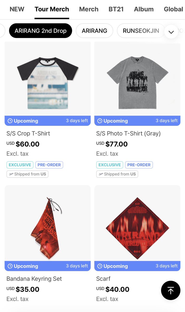 trinhers's tweet photo. BTS ARIRANG TOUR 2ND MERCH DROP PRICES ON WEVERSE SHOP (USA &amp; KR) https://t.co/K7GYmBlNKg