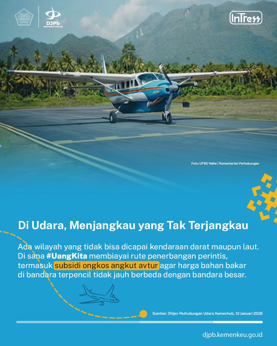 DJPb_Kemenkeu's tweet photo. Ternyata ada #UangKita yang bekerja di balik jalan, dermaga, dan landasan perintis - mengalirkan komoditas sekaligus menghubungkan manusia sampai ke ujung negeri.

Geser untuk lihat bagaimana APBN bekerja dari darat, laut, sampai udara!

#DJPb #UangKita #Harhubnas2026 https://t.co/9CIg0eYgLG