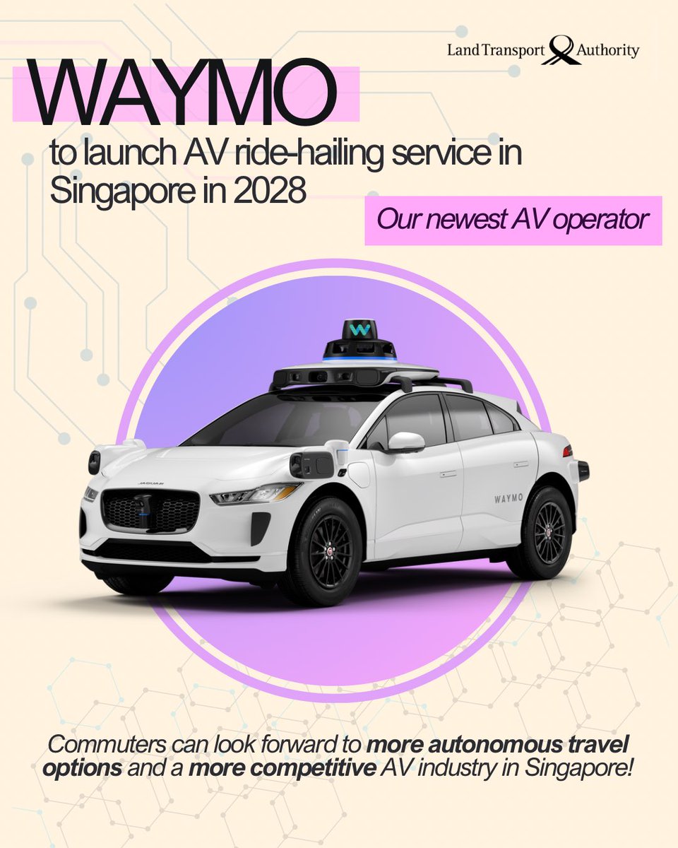 LTAsg's tweet photo. Look who has landed in Singapore! 👀
 
Fresh off the plane from the US, we're welcoming Waymo as Singapore's newest autonomous vehicle (#AV) operator, joining ComfortDelGro and Grab. 🚗🛜
 
#RideTheFuture https://t.co/IaS4iIqdul