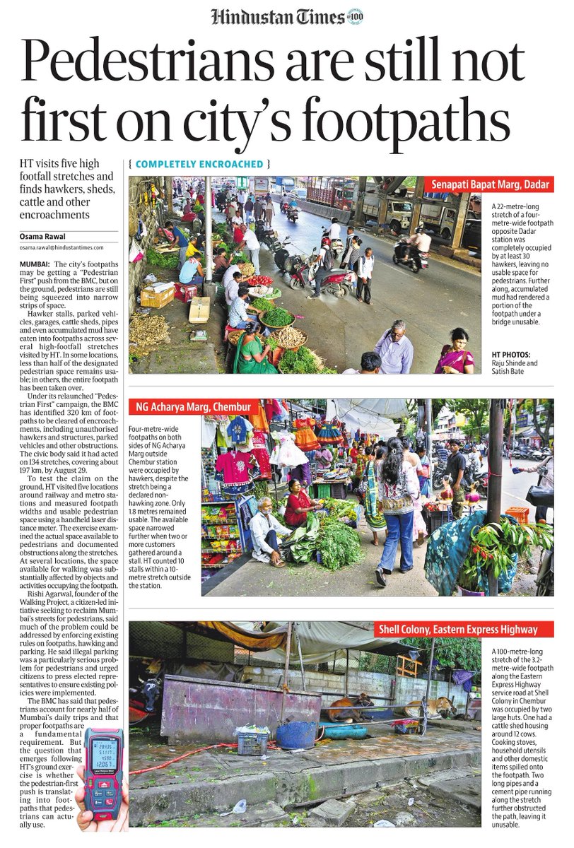 mumbaimatterz's tweet photo. It's yet to be #PedestrianFirst in Mumbai.

The city's footpaths. may be getting a "Pedestrian First" push from the BMC, but on the ground, pedestrians are still being squeezed into narrow strips of space.

Hawker stalls, parked vehi-cles, garages, cattle sheds, pipes and even accumulated mud have eaten into footpaths across sev eral high-footfall stretches visited.

@HT_Mumbai