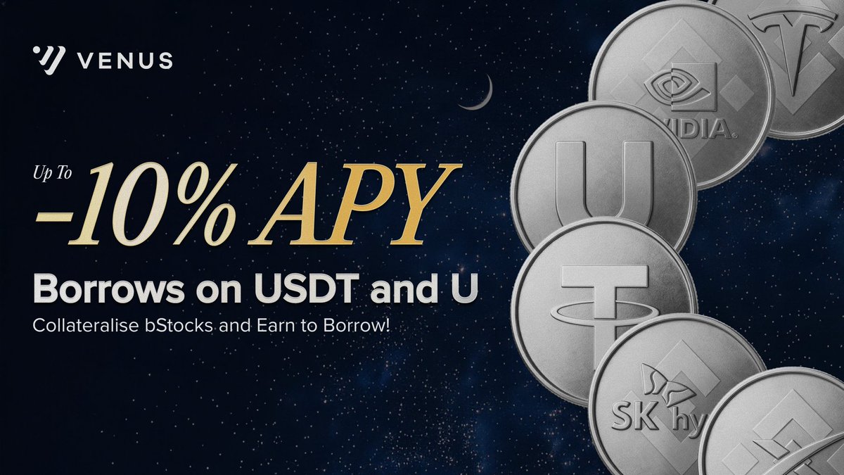 VenusProtocol's tweet photo. How to attain negative borrow rates on Venus Core?

1⃣ Supply any bStock of your choice (Venus supports $TSLAB $NVDAB $SPCXB $SKHYB
2⃣ Enable as collateral
3⃣ Borrow $U or $USDT at incentivised rates (supported via Merkl) https://t.co/JMhD4QO2mF