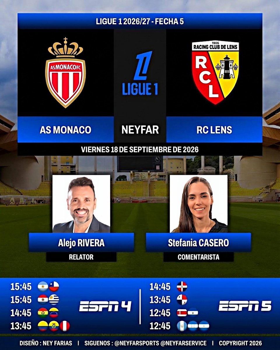 neyfarservice's tweet photo. ⚽ #Ligue1 🇫🇷 | #ASMonaco vs. #RCLens
🎙️ Relator: @AlejoERivera
🎙️ Comentarista: @stefaniacasero
📺 #ESPN4 Sudamérica
📺 #ESPN5 Centroamérica
💻📱 @disneyplusla Sudamérica y Centroamérica
⚽ #Ligue1xESPN
⚽ #DisneyPlus
⚽ #ASMRCL
⚽ #NeyfarSports
🎟️ @neyfarservice https://t.co/4NWEr59OSi