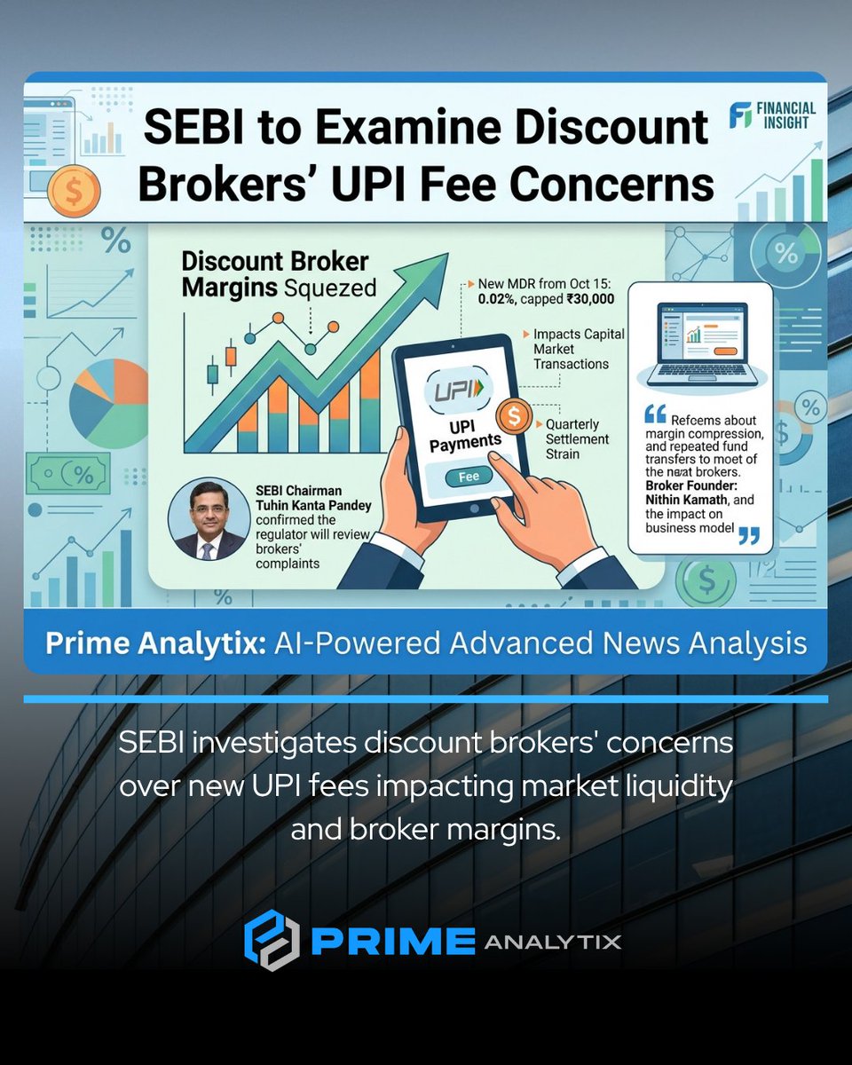 PrimeAnalytix's tweet photo. SEBI investigates discount brokers' concerns over new UPI fees impacting market liquidity and broker margins.

https://t.co/zPYU1y2JgP

#SEBIRegulation #UPIFees #DiscountBrokers #MarketLiquidity #FinancialRegulation #IndiaMarkets #RetailInvestors #StockBrokers #MarketLiquidity https://t.co/fBUqTsMLFz