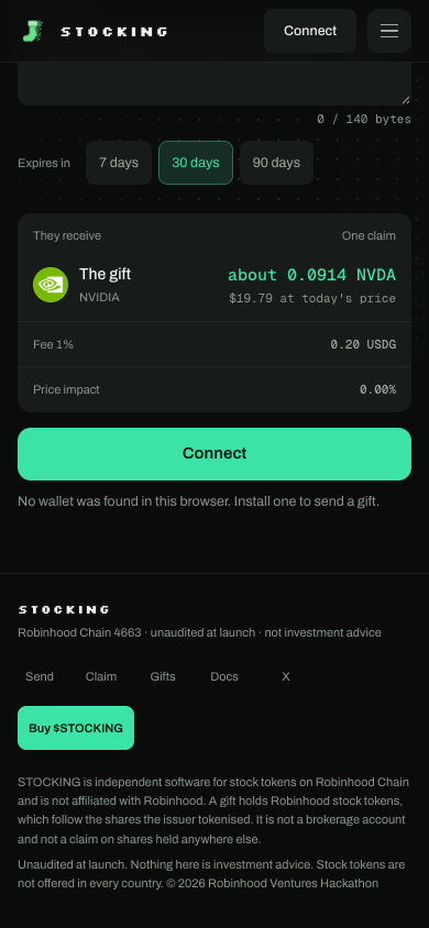 GetStocking's tweet photo. Sending from a phone: type an amount in dollars, the page shows the exact shares after the fee, and your wallet app asks you to approve. From that tap, the link exists.
https://t.co/VtZ87ozaFl https://t.co/sLWOP1eLGS