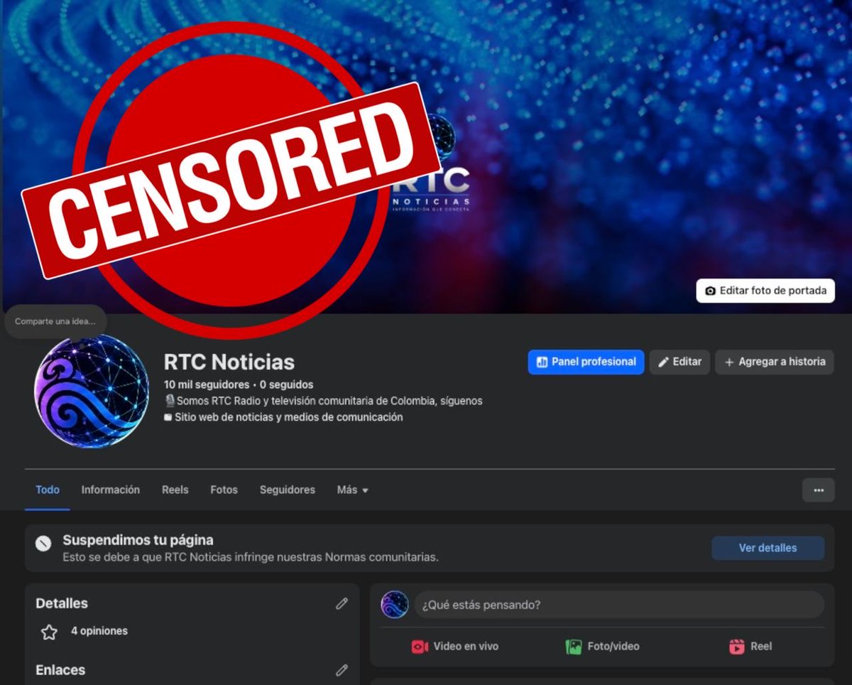 rtccnoticias's tweet photo. 📢🇨🇴 RTCC NOTICIAS | INFORMACIÓN QUE CONECTA

Queremos contarles que en los últimos días hemos enfrentado dificultades y restricciones en nuestras plataformas digitales. ⚠️ Estos hechos ya fueron puestos en conocimiento de las autoridades competentes. ⚖️

Pero queremos decirlo claro: NO NOS VAN A CALLAR NI A CENSURAR!💪🔥

🔴 Cambiamos nuestro nombre y nuestra imagen, pero no cambiamos nuestro propósito: informar, escuchar a nuestras comunidades y contar las historias de Colombia desde los territorios.

Ahora somos RTCC Noticias | Información que conecta📡🇨🇴

Gracias a todos los que nos acompañan y creen en este proyecto. ❤️🙏

Seguimos firmes. Seguimos informando. Seguimos contando a Colombia. 🇨🇴📲

Siguenos en nuestra nueva página de Facebook: 

https://t.co/xB2hbUaIY4