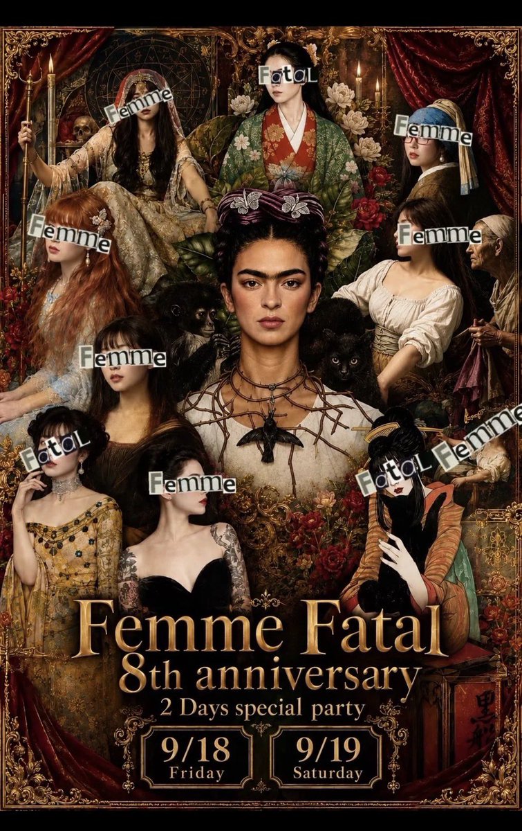 s_ffatale's tweet photo. 【告知】

✦・┈┈┈┈┈┈┈・✦
　　𝐹𝑒𝑚𝑚𝑒 𝐹𝑎𝑡𝑎𝑙𝑒
　　8𝑡ℎ 𝑎𝑛𝑛𝑖𝑣𝑒𝑟𝑠𝑎𝑟𝑦
✦・┈┈┈┈┈┈┈・✦

18,19日の二日間、ファムファタール8周年イベント開催🖤
ファムキャストが《名画の女性》に扮します。皆様と特別な��を過ごせる事を楽しみにしております。

我は本日出勤🫡 https://t.co/iAIUoy78pq