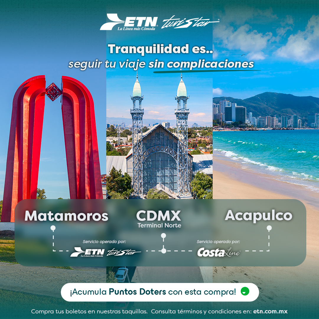ETNTURISTAR's tweet photo. 🚍 Matamoros ➡️ Acapulco
Conecta fácil con ETN + #CostaLine

🎟️ Boletos en taquillas. https://t.co/fjyJboV86s