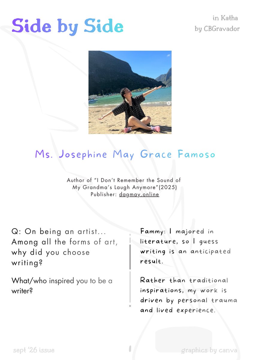 CBGravador's tweet photo. Side by Side with the poetess, Ms. Josephine May Grace Famoso
Sept. '26 Issue

Her poem:
https://t.co/DjVT7kxnGv

Katha-ing more visibility for Filipino artists
Kindly like and share. ^^

Thank you, Ms. Fammy! 📷
#poem #poetry #poema https://t.co/7PCtCohrRc