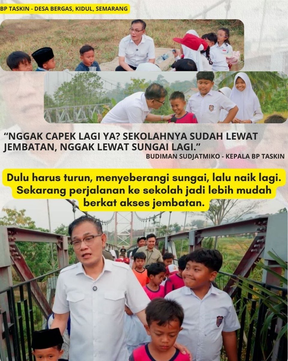 sendiriyn's tweet photo. Pembangunan yang manfaatnya panjang memang butuh proses. Jembatan di Bergas Kidul menjadi salah satu akses yang membantu anak-anak belajar dan mengejar cita-cita. Budiman Sudjatmiko Kepala BP Taskin #JembatanAksesRakyat https://t.co/0avYMxkYS6