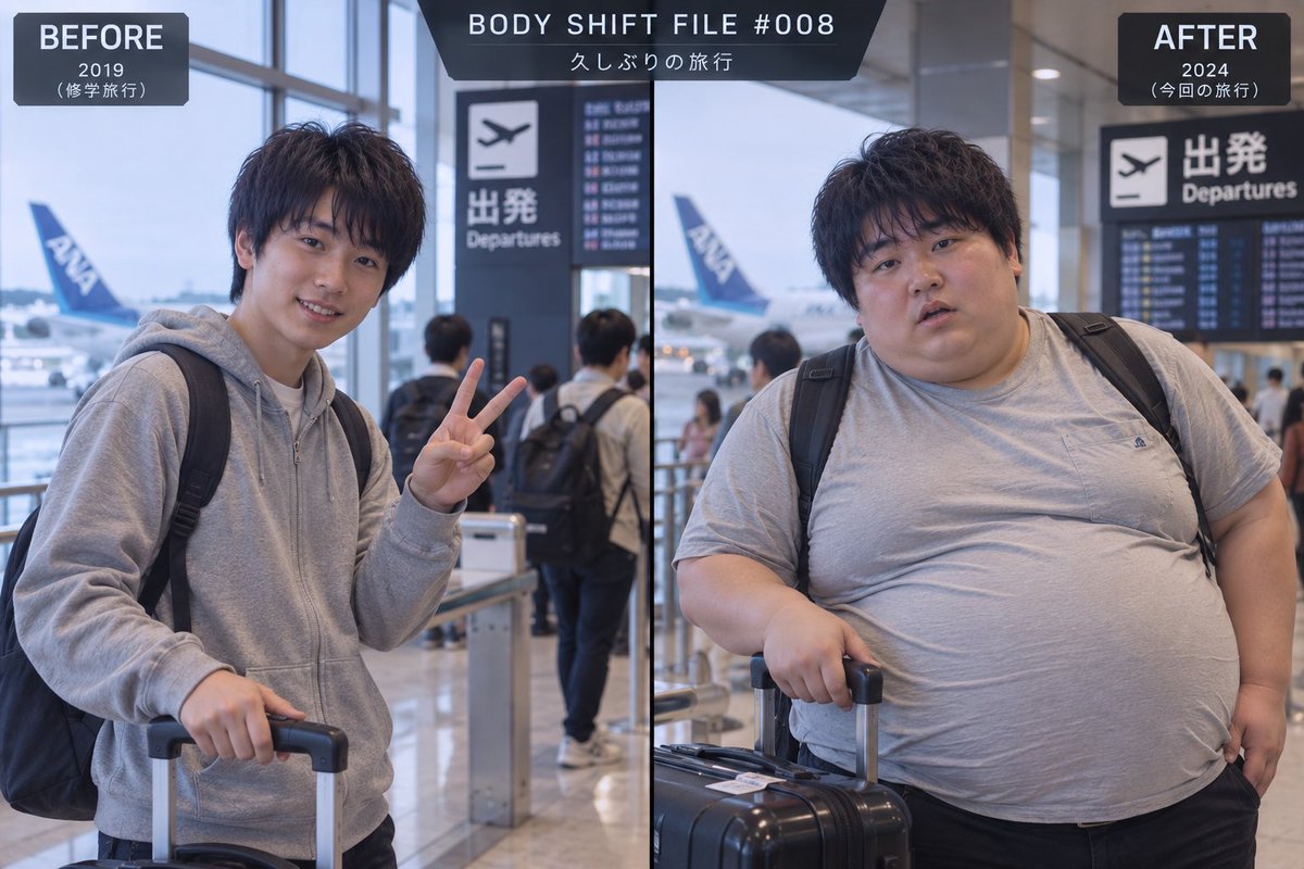 BodyShiftFiles's tweet photo. BODY SHIFT FILE #008

「久しぶりの旅行」

5年前の旅行写真を見つけた。

同じ空港。
同じような荷物。
そして、同じ自分。

久しぶりに撮った一枚を並べてみると――
一番変わっていたのは、旅先ではなかった。

BEFORE：2019
AFTER：2024

#肥満化 #体型変化 #AI画像 #BeforeAfter https://t.co/of1LdpKmIn