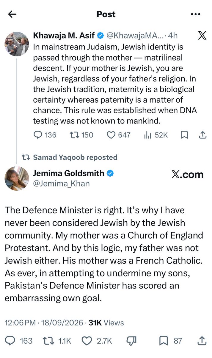 AsadAToor's tweet photo. 🚨🚨
@Jemima_Khan setting the record straight about her faith on lose ball of @KhawajaMAsif and rightly so said “#Pakistan’s Defence Minister has scored an embarrassing own goal.” https://t.co/oAYj2HhmAc