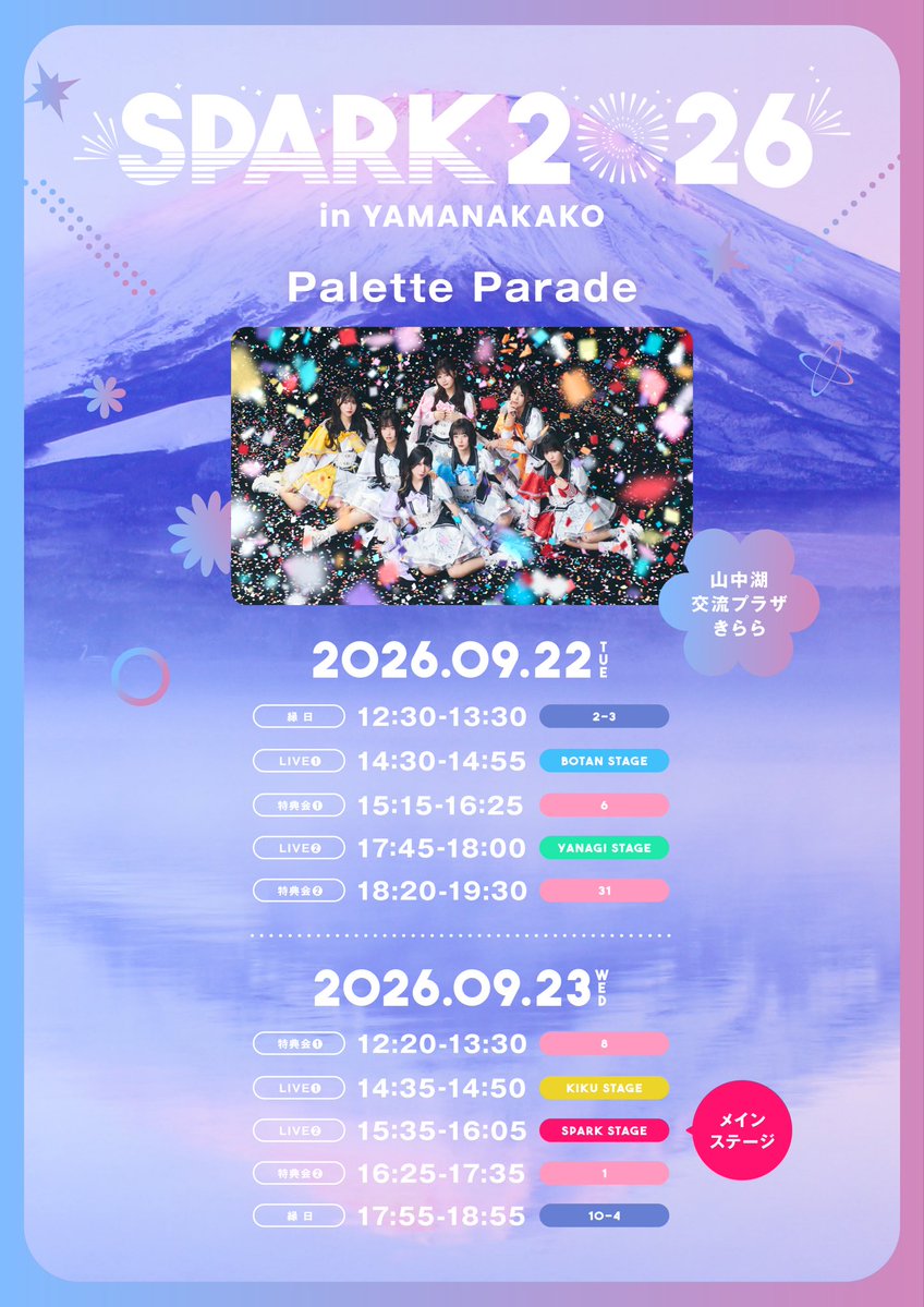 O_PaletteParade's tweet photo. 【⏰縁日タイムテーブル解禁⏰】

2026年9月21日(月祝)・22日(火祝)・23(水祝) 山中湖交流プラザきららにて開催
『SPARK 2026 in YAMANAKAKO』縁日タイムテーブルが解禁🎆

／
📣#パレパレ の出演は
■22日(火祝)
・縁日 12:30-13:30 (ブース2-3)
・ライブ①14:30-14:55(BOTAN)
・特典会①15:15-16:25(6)
・ライブ②17:45-18:00(YANAGI)
・特典会②18:20-19:30(31)

■23(水祝)
・特典会①12:20-13:30(8)
・ライブ①14:35-14:50(KIKU)
・ライブ②15:35-16:05〈✨️メインステージ✨️(SPARK)〉
・特典会②16:25-17:35(1)
・縁日 17:55-18:55 (ブース10-4)
＼ 

チケット一般販売中！
🎫 https://t.co/HCQIwU2pen

▼詳細
https://t.co/AIQxM2QJZC

#SPARK山中湖 #パレパレ