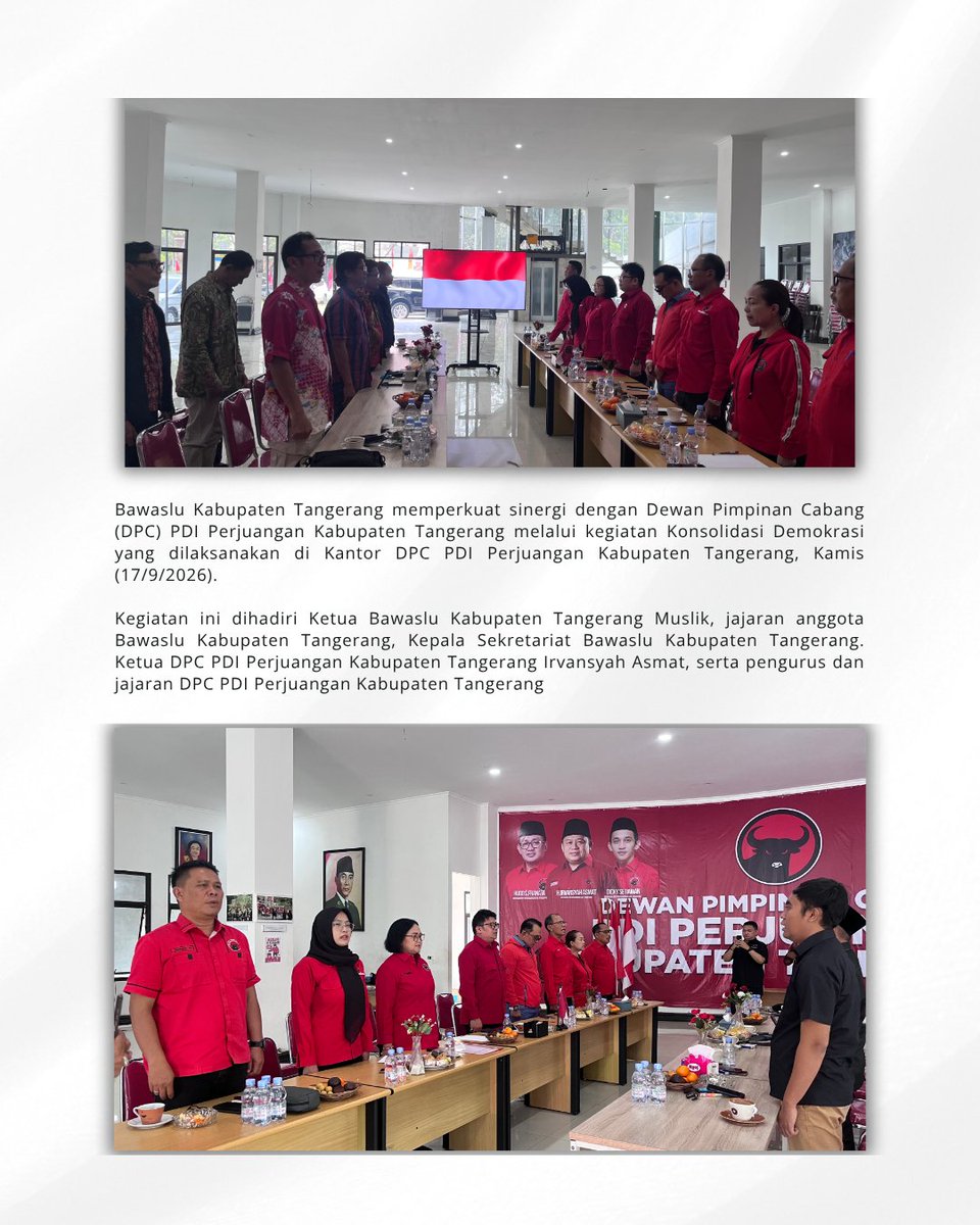 BawasluKabTang's tweet photo. Bawaslu Kabupaten Tangerang melaksanakan Konsolidasi Demokrasi bersama DPC PDI Perjuangan Kabupaten Tangerang sebagai upaya memperkuat komunikasi, membangun komitmen, serta mendorong peran aktif partai politik dalam menjaga kualitas demokrasi. Kamis, 17/9/26. https://t.co/DeXp0lD2xT