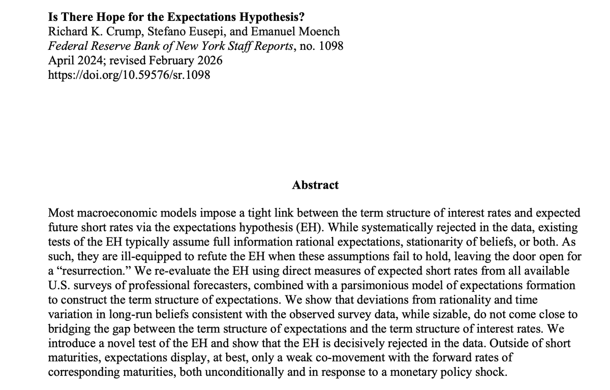 kingofthecoastt's tweet photo. @MayankSeksaria "We introduce a novel test of the [expectations hypothesis] &amp; show that the EH is decisively rejected in the data. Outside of short maturities, expectations display, at best, only a weak co-movement with the forward rates of corresponding maturities..."

https://t.co/0Egk2CHktO https://t.co/ULpHBbU8YE