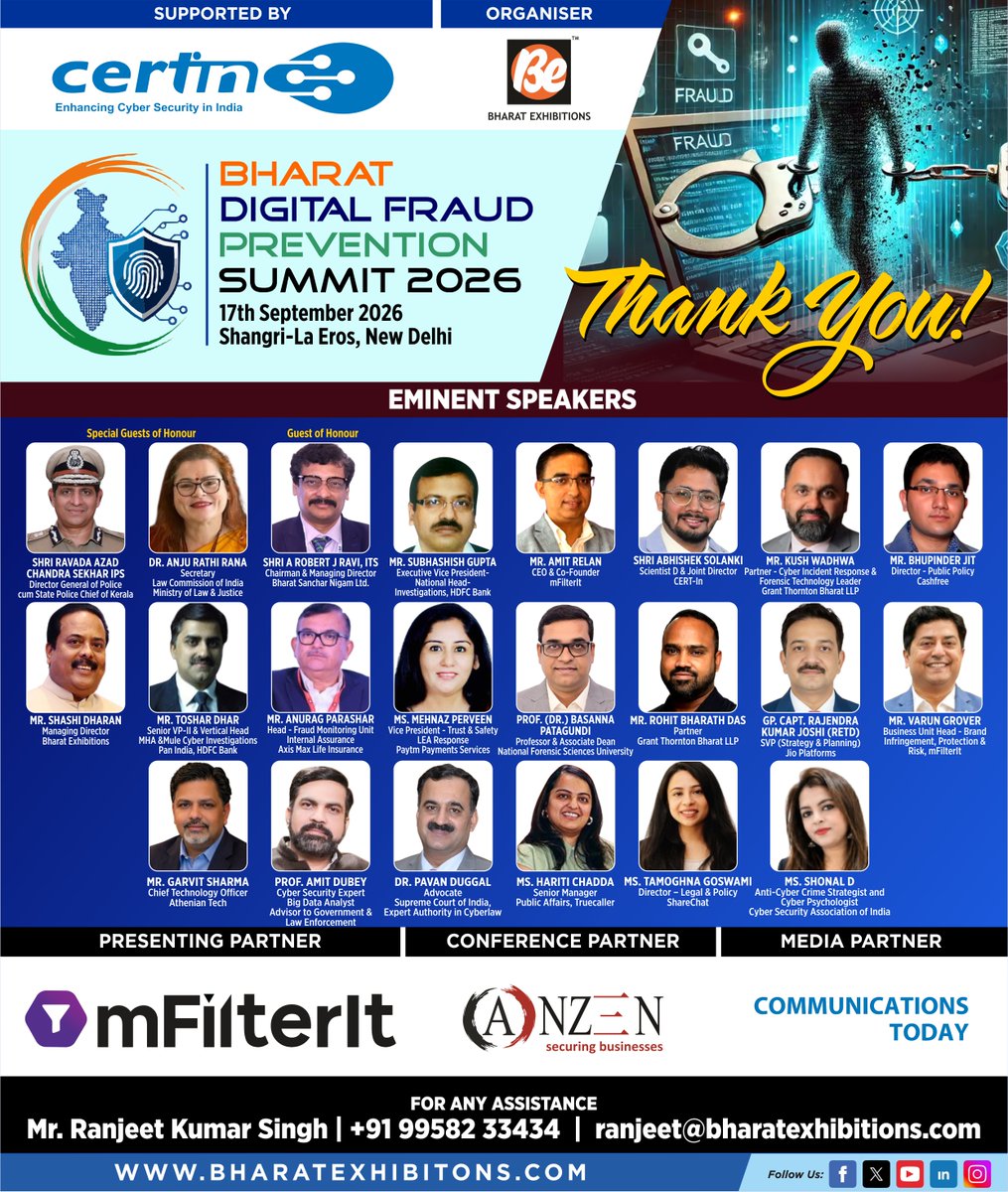 be_exhibitions's tweet photo. Thank you to all our speakers, partners, delegates, and supporters for making Bharat Digital Fraud Prevention Summit 2026 a grand success. Together, we're strengthening India's digital trust and fraud prevention ecosystem. ๐ฎ๐ณ๐
#BDFPS2026 #CyberSecurity #DigitalFraudPrevention https://t.co/ZV56Ns4SZV