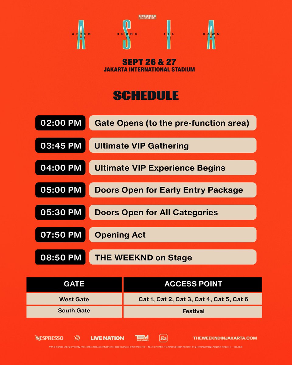 TEMGMT's tweet photo. (1/3) ‼ Get ready for @theweeknd After Hours Til Dawn Tour 2026 in Jakarta!
Check out the Event Guide for all the important information you need to know before the show.

📍 Plan ahead: Familiarize yourself with the venue and make sure you know where to go based on your
ticket category.

🎒 Come prepared: Check the concert guidelines and prohibited items before heading to the venue.