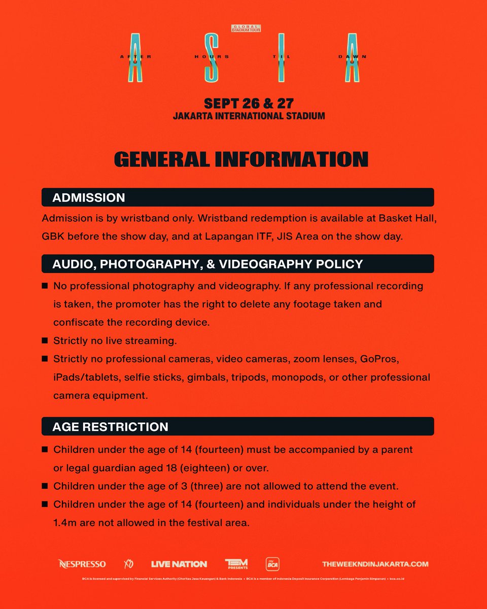 TEMGMT's tweet photo. (1/3) ‼ Get ready for @theweeknd After Hours Til Dawn Tour 2026 in Jakarta!
Check out the Event Guide for all the important information you need to know before the show.

📍 Plan ahead: Familiarize yourself with the venue and make sure you know where to go based on your
ticket category.

🎒 Come prepared: Check the concert guidelines and prohibited items before heading to the venue.