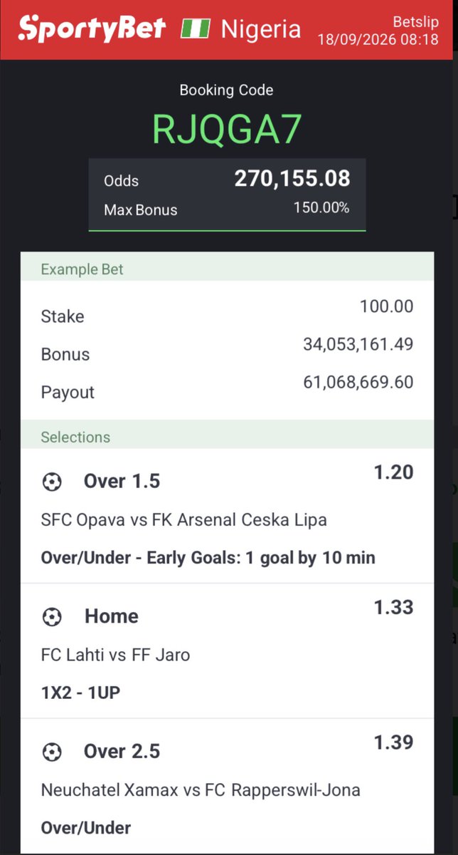 Mrsam4u01's tweet photo. Sportybet
Today game 
Booking code 👉 RJQGA7
Stake responsibly 
Goodluck https://t.co/27258SjKWJ