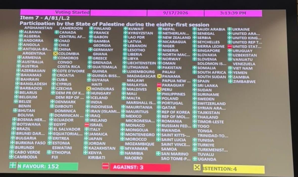 ambasadapal's tweet photo. ردّ أممي واسع على القرار الأمريكي بمنع الرئيس الفلسطيني محمود عباس وعدد من المسؤولين الفلسطينيين من دخول الولايات المتحدة للمشاركة في أعمال الجمعية العامة للأمم المتحدة.

بموافقة 152 دولة ومعارضة 3 دول، سمحت الجمعية العامة للأمم المتحدة للرئيس محمود عباس بمخاطبتها عن بُعد.

ولا يقتصر هذا التصويت على كونه قراراً إجرائياً، بل يحمل دلالة سياسية واضحة، إذ عبّرت أغلبية ساحقة من الدول الأعضاء عن تمسّكها بحق فلسطين في إيصال صوتها والمشاركة في أعمال الأمم المتحدة.

إن العمل متعدد الأطراف لا يكتسب معناه الحقيقي إلا عندما يتمكن الجميع من إسماع أصواتهم في إطاره، دون إقصاء أو حرمان.

شكراً رومانيا 🇷🇴 على مساهمتها، إلى جانب العديد من دول العالم، في الدفاع عن هذا المبدأ ودعم حق فلسطين في أن يكون صوتها حاضراً في الأمم المتحدة. 🇵🇸

---

Reacție amplă în cadrul ONU față de decizia SUA de a-i împiedica pe președintele palestinian Mahmoud Abbas și pe mai mulți oficiali palestinieni să intre în Statele Unite pentru a participa la lucrările Adunării Generale a ONU.

Cu 152 de voturi pentru și 3 împotrivă, Adunarea Generală a ONU a permis președintelui Mahmoud Abbas să se adreseze de la distanță.

Acest vot nu are doar o dimensiune procedurală, ci și o importantă semnificație politică, întrucât o majoritate covârșitoare a statelor membre și-a exprimat sprijinul pentru dreptul Palestinei de a-și face auzită vocea și de a participa la lucrările Organizației Națiunilor Unite.

Multilateralismul își găsește adevărata semnificație atunci când toate vocile pot fi auzite în cadrul său, fără excludere sau privare de acest drept.

Mulțumim României 🇷🇴 pentru contribuția sa, alături de numeroase alte state, la apărarea acestui principiu și la susținerea dreptului Palestinei de a avea voce și reprezentare în cadrul Organizației Națiunilor Unite. 🇵🇸