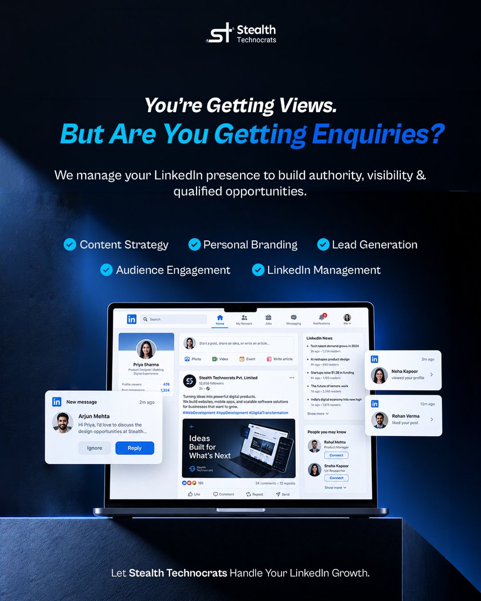 StealthtechST's tweet photo. Views are nice. Leads are better. 👀 

Turn LinkedIn attention into real conversations, qualified prospects, and business opportunities with a conversion-focused strategy. 

Let Stealth Technocrats handle your growth. 🚀

#LinkedInLeadGeneration #LinkedInMarketing #B2BMarketing https://t.co/HFGy9LYBvE