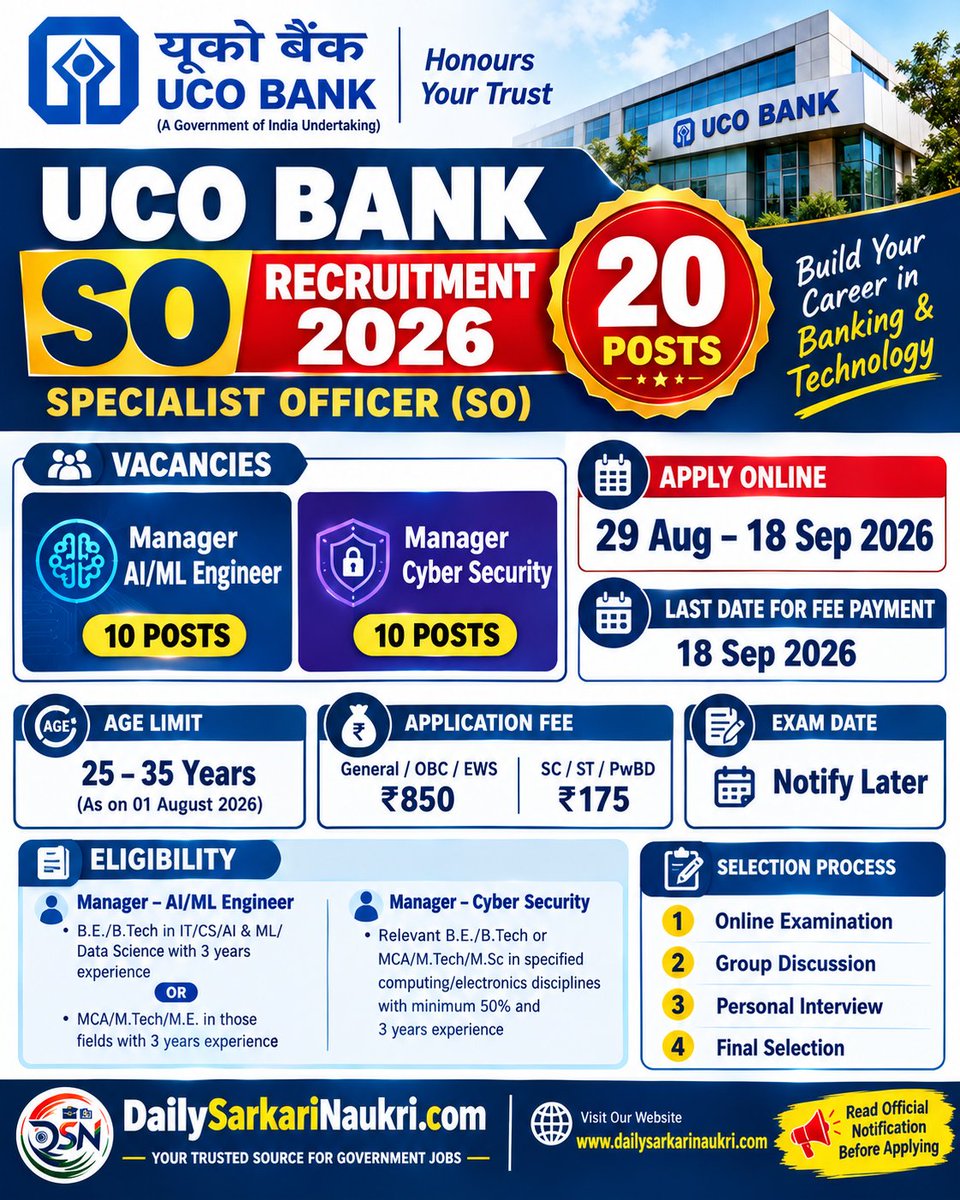 DSN_alert's tweet photo. 🚨 BANKING JOB ALERT!
UCO Bank SO 2026 में 20 Posts 🔥
AI/ML Engineer + Cyber Security
⏰ Last Date: 18 September 2026 

#UCOBank #UCOBankRecruitment #UCOBankSO #BankJobs #SarkariNaukr #BankJob2026  #AIEngineer #CyberSecurity #JobAlert #SarkariJob #DailySarkariNaukri #LatestJobs https://t.co/bXhOvBRDkY