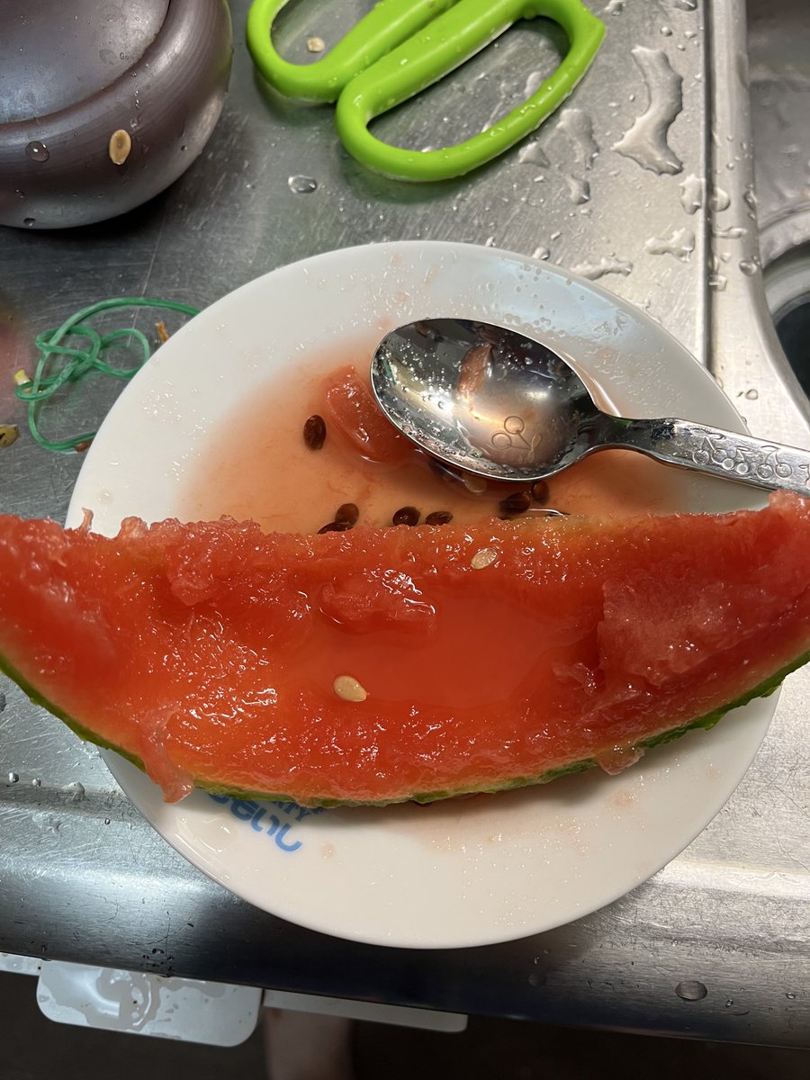 yuutaihiroto's tweet photo. 昨日買った3個で50円のスイカ。
古くなって、捨て値で処分されたもので、盗品ではありません🙇‍♂️
さっき1つ切ってみました。
腐っていれば灰色の汁が流れ出ますが大丈夫みたい😌
ひと切れ、皿に乗せて食べてみました。
とても柔らかくて、おいしいけど豆腐を食べてるみたい。
お腹が痛くならなければ、2つ目に挑戦😀