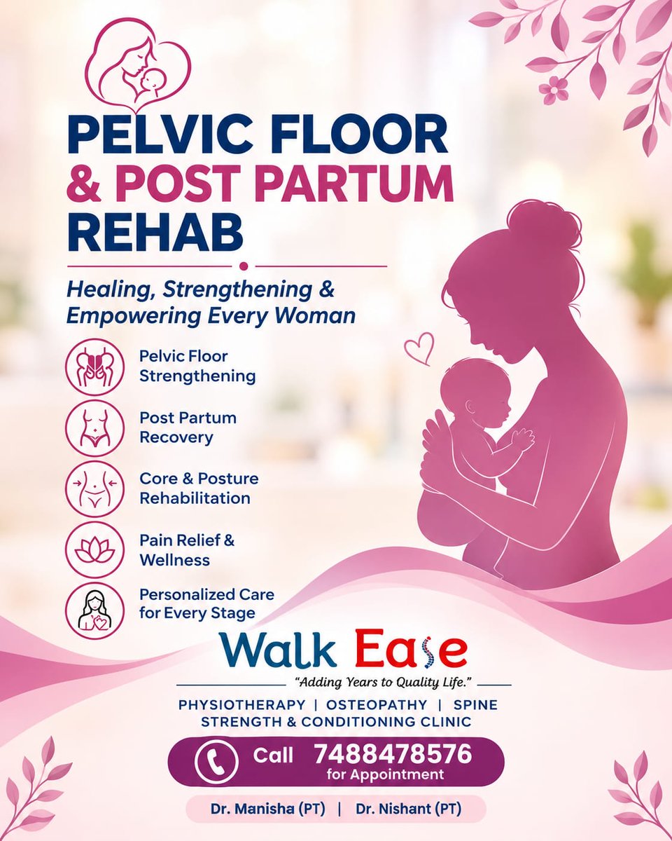 WalkEaseIndia's tweet photo. At Walk Ease, personalized physiotherapy helps women rebuild strength, manage pain and regain confidence through every stage of recovery.

#WalkEase #PostpartumRecovery #PelvicFloorPhysiotherapy #WomensHealth #Physiotherapy #PostpartumCare #PelvicHealth #WomenWellness #Faridabad https://t.co/A8XM7N0sZW