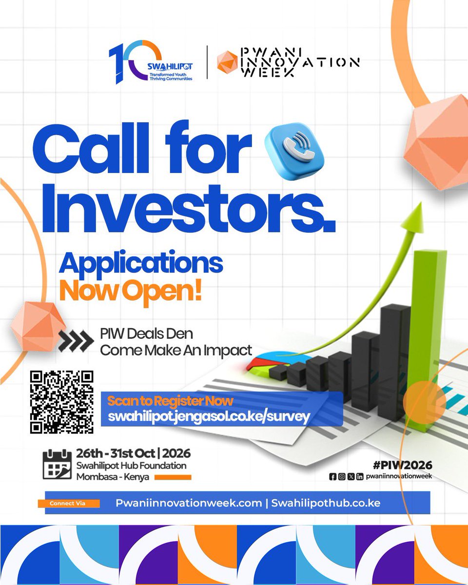 swahilipothub's tweet photo. Ready to invest in the next wave of innovation?
Join the PIW 2026 Deals Den and connect with promising startups, visionary entrepreneurs, and scalable solutions driving impact and growth. Be where innovation meets opportunity.
📅 26th – 31st October 2026 📍 Swahilipot Hub Foundation, Mombasa, Kenya
🔗 Register now: https://t.co/5mYsxkMdPT
#PIW2026 #PwaniInnovationWeek