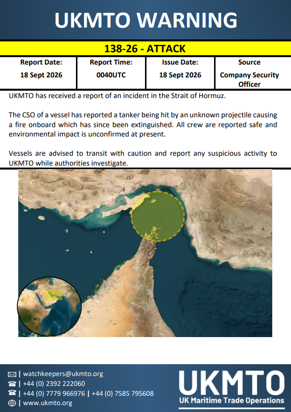 UK_MTO's tweet photo. UKMTO WARNING 138-26

Click here to view the full product.⤵️
https://t.co/zPkuu2TbQN

#MaritimeSecurity #MarSec https://t.co/ljIfursca1