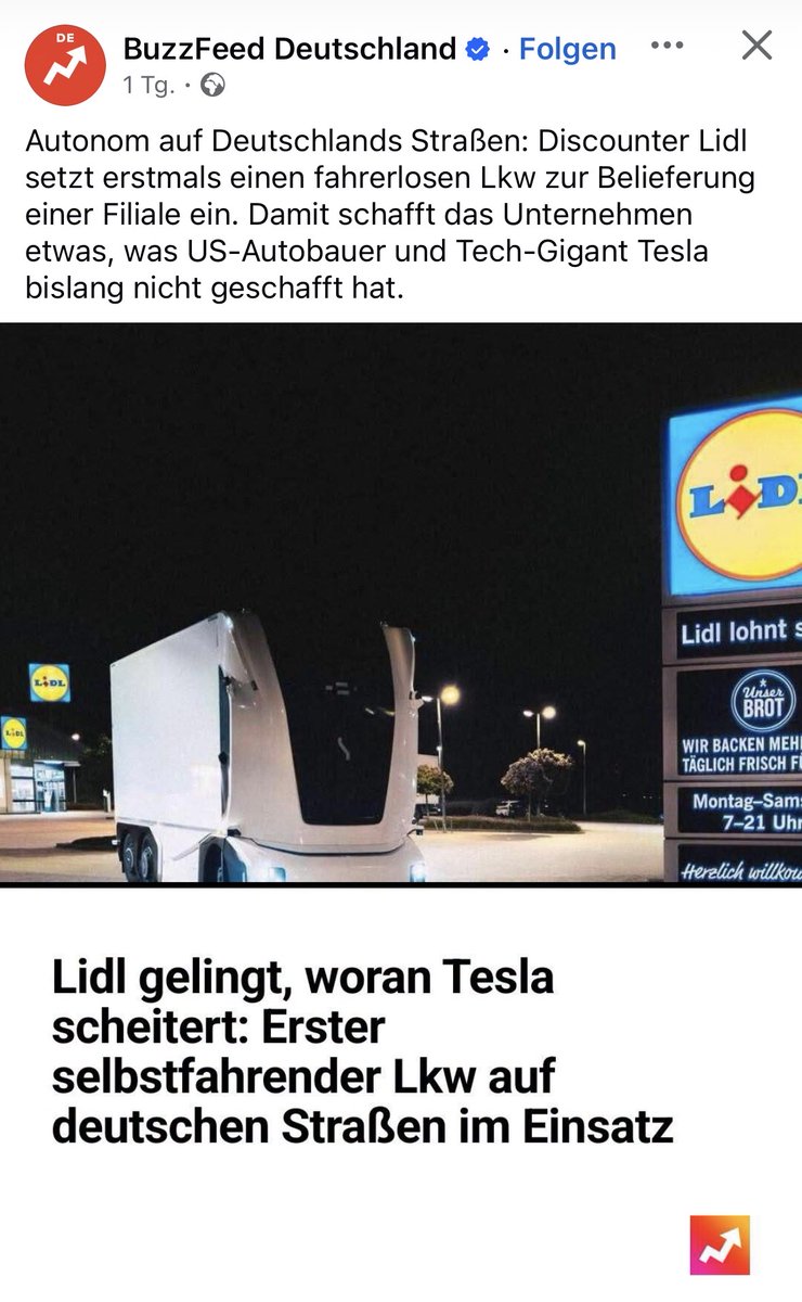 TeslaDE195932's tweet photo. 🚨 FSD NEWS — Clickbait-Alarm

„Lidl gelingt, woran Tesla scheitert.“

Was wirklich läuft:
Einride-Pod vom Lager zur Filiale nebenan.
Ein paar hundert Meter. Maximal 25 km/h. Feste Route. Begleitfahrzeug.

Das mit Tesla Semi oder FSD auf normalen Straßen vergleichen ist etwa so ehrlich wie Joghurtregal gegen Autobahn.

Respekt an Lidl und Einride für den Pilot.
Aber „Tesla scheitert“? Das will Klicks — keine Analyse.

Semi kommt nach Europa. FSD fährt schon in mehreren EU-Ländern.
Und wir feiern 400 Meter Discounter-Lieferung als Tesla-Fail.

@FSDWatcherDE @teslanerdX @elonmusk @teslaeurope

#FSD #Tesla #Semi #Lidl #Einride #FSDGermany
