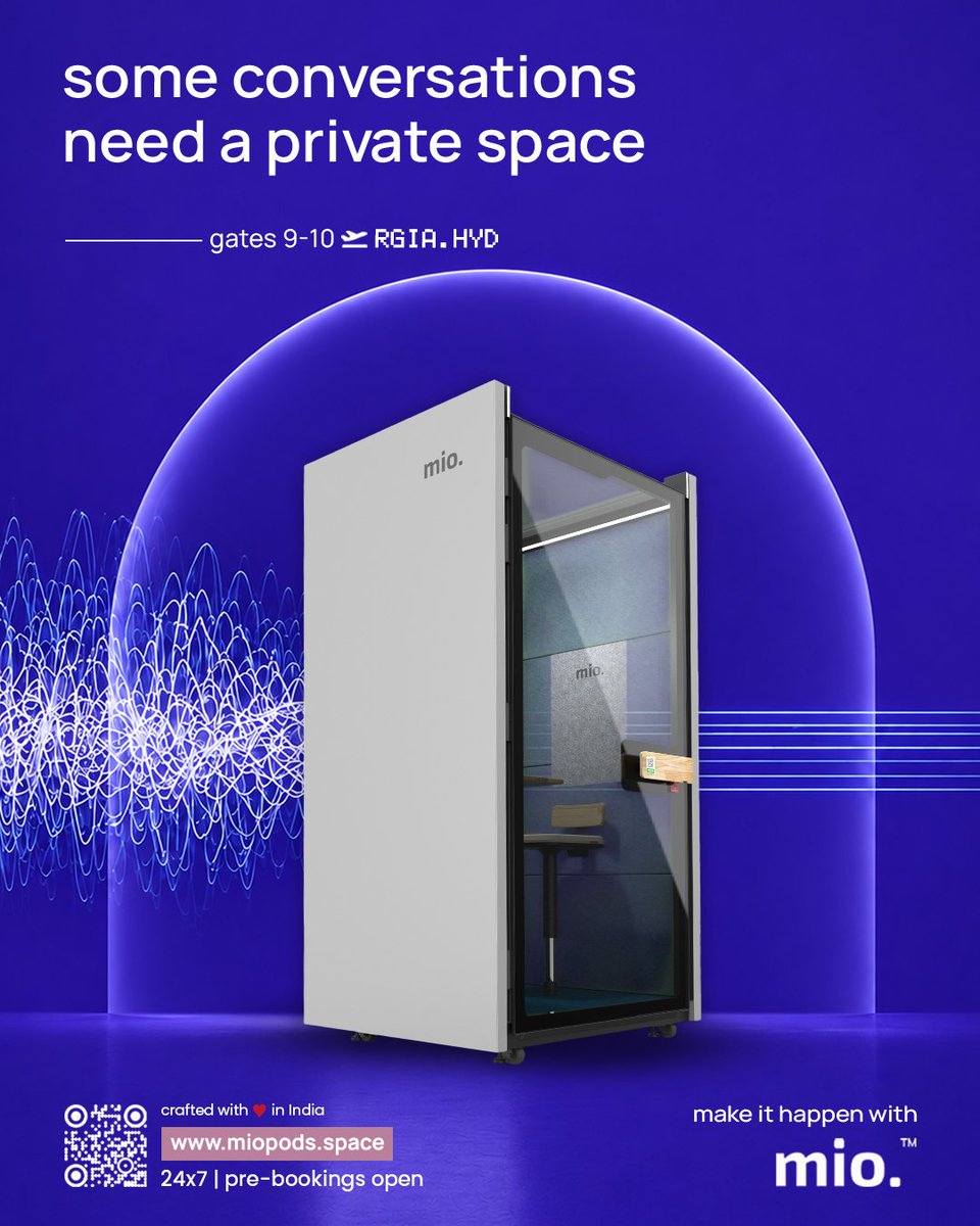 miopods_space's tweet photo. Some conversations need you to be fully present. Step away from the airport noise, settle in and give your best at Mio · Gates 9-10 · @RGIAHyd
#MioPods #30MinFocus #Experience #Privacy #WorkSpaces #Airports #HYD https://t.co/XdZklc9VzC