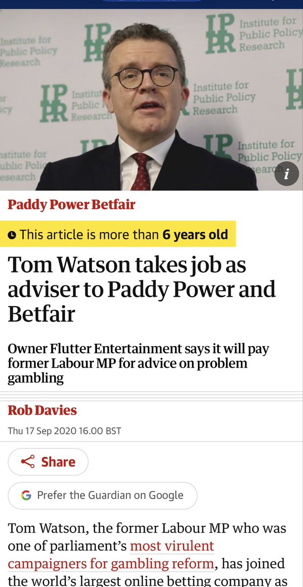 per_incuriam2's tweet photo. No surprises here. Tom Watson has a history of selling his soul. He was a vocal campaigner for gambling reform until Paddy Power and Betfair wanted to fill his pockets with cash. https://t.co/OrMgfQp3Ye
