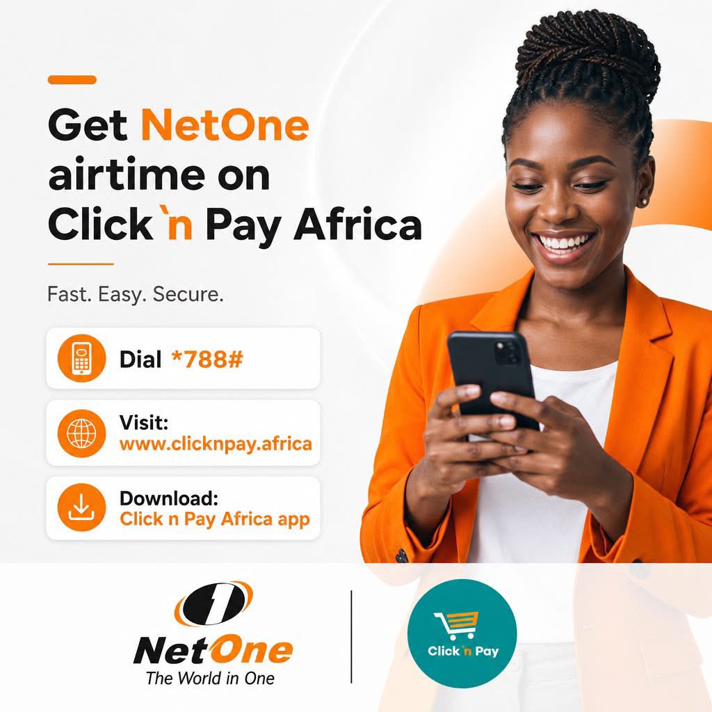NetOneCellular's tweet photo. Power Up with NetOne Airtime from Click n Pay! 
Stay connected, stay in control and top up whenever you need it. With Click n Pay, getting your NetOne airtime and  bundles is fast, effortless and beautifully simple.

📱 Dial *788# or visit https://t.co/xZvDGM0Ans and recharge your NetOne line in just a few moments.

No queues. No waiting. Just instant airtime and uninterrupted