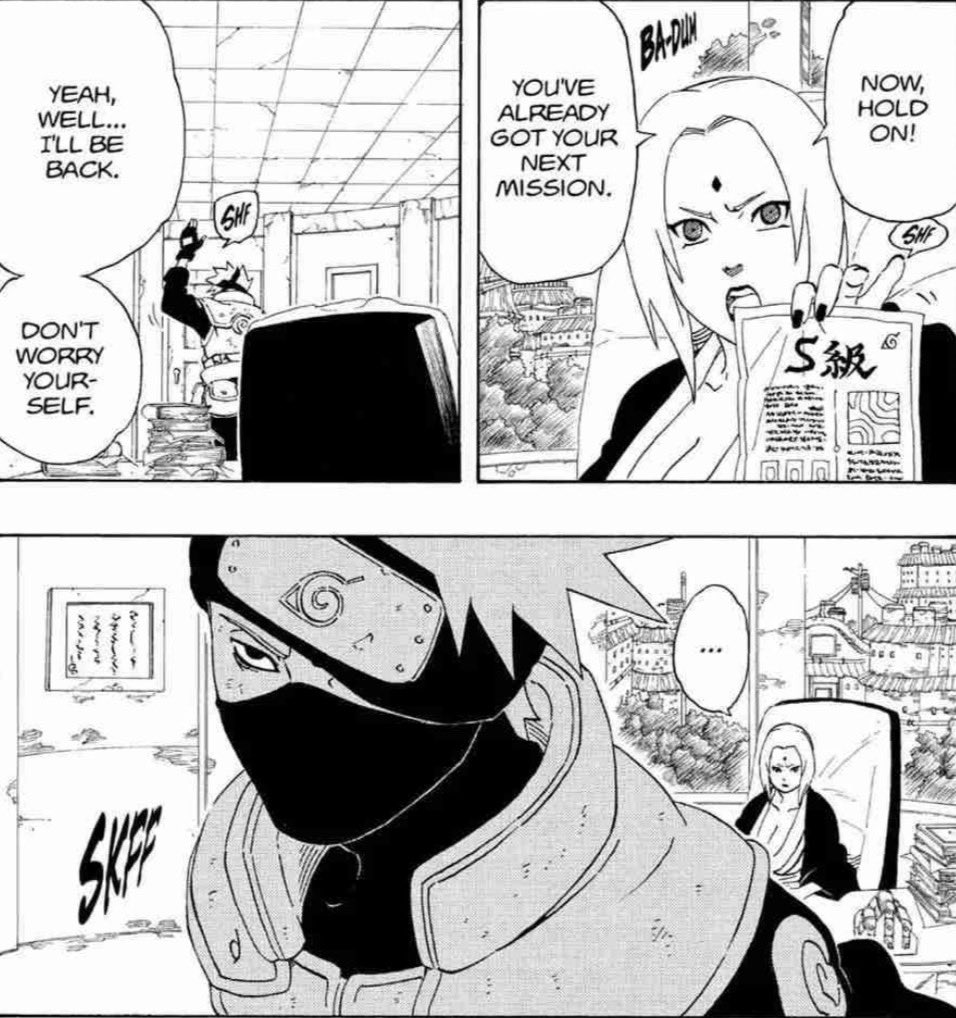 justkmhere's tweet photo. Kakashi’s reaction the moment he heard about the Sasuke retrieval mission

He dodge his own mission just find the kids https://t.co/uNrZAFVeef