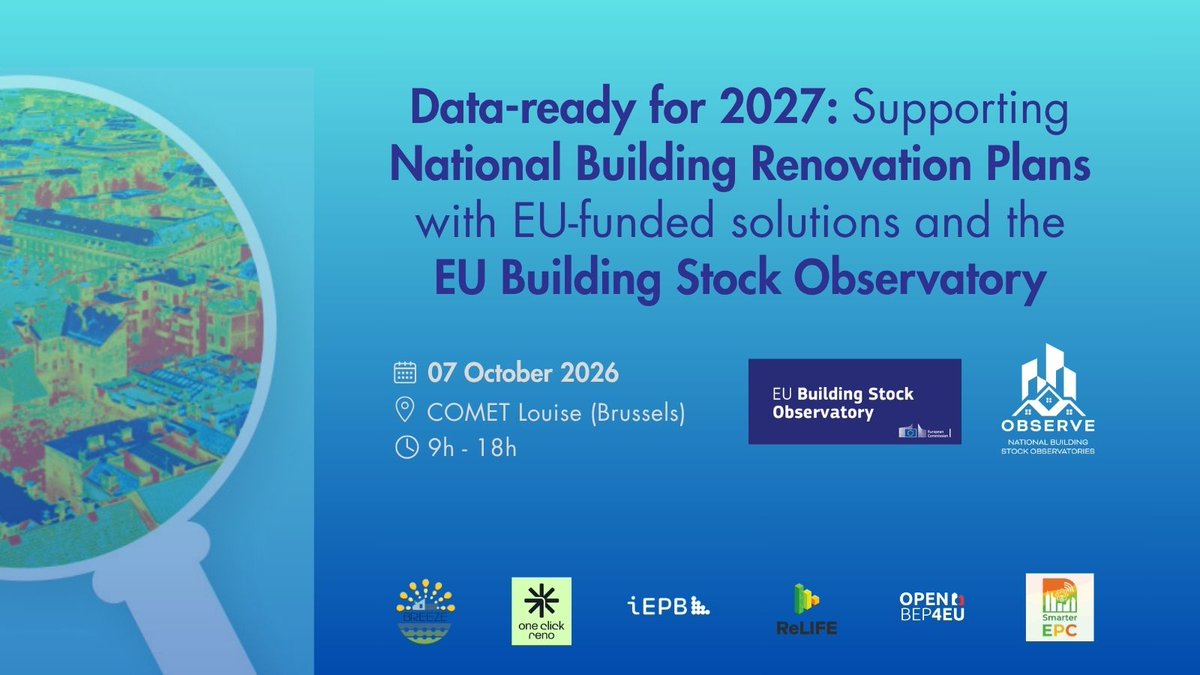 Visual for the EU Building Stock Observatory event 'Supporting national building renovation plans with EU-funded solutions and the EU Building Stock Observatory' taking place in Brussels on the 7th October.