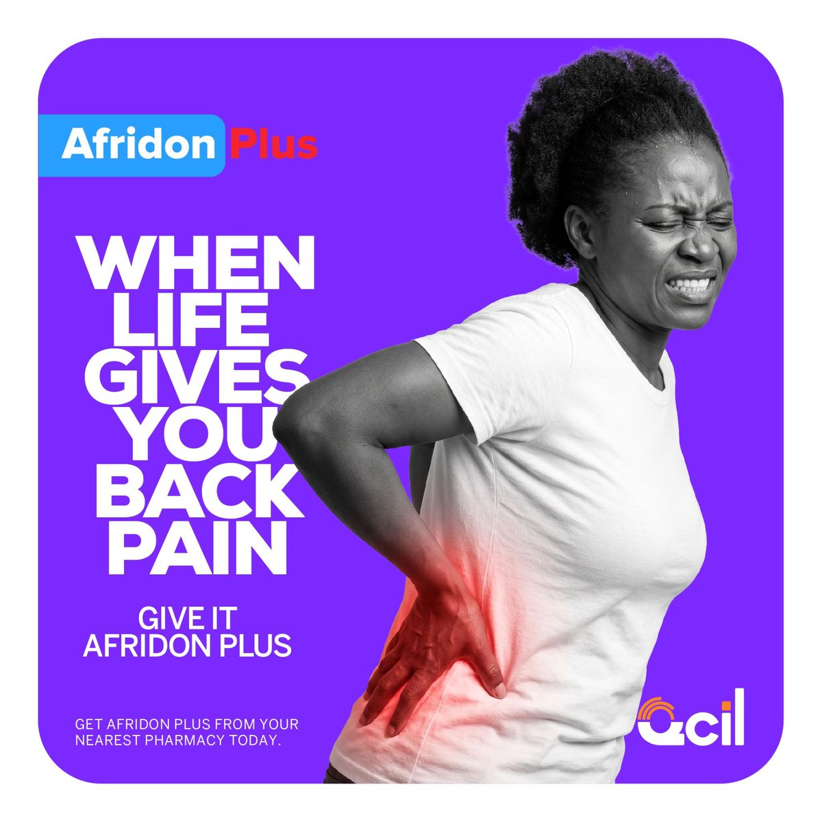 QcilCares's tweet photo. A long day on your feet can turn into a night of throbbing back pain.

Afridon plus provides fast relief and allows you to sleep peacefully.

#NoPainMoreGain #LifeAfterWell #KeepingAfricaAlive https://t.co/fyqgOj7dz5