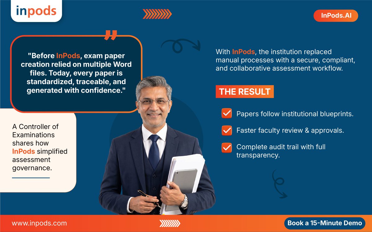 InpodsAI's tweet photo. From Manual Exam Paper Creation to Smart Assessment Governance

Book a 15 minute demo: https://t.co/6TzJIVrNUn

#InPods #AQMS #AssessmentManagement #HigherEducation #OutcomeBasedEducation #AcademicGovernance #ExamManagement #EdTech #EducationInnovation #QualityAssurance https://t.co/JfWD39bJVd