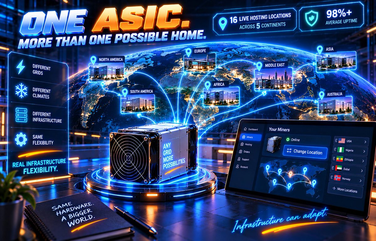 ADrenwick84356's tweet photo. One ASIC. More than one possible home. 🌍

OneMiners currently lists 16 live hosting locations across 5 continents with 98%+ average uptime.

Hosted miners can also change location through the dashboard when appropriate.

That’s real infrastructure flexibility.

#OneMiners https://t.co/6wxmxfovfD