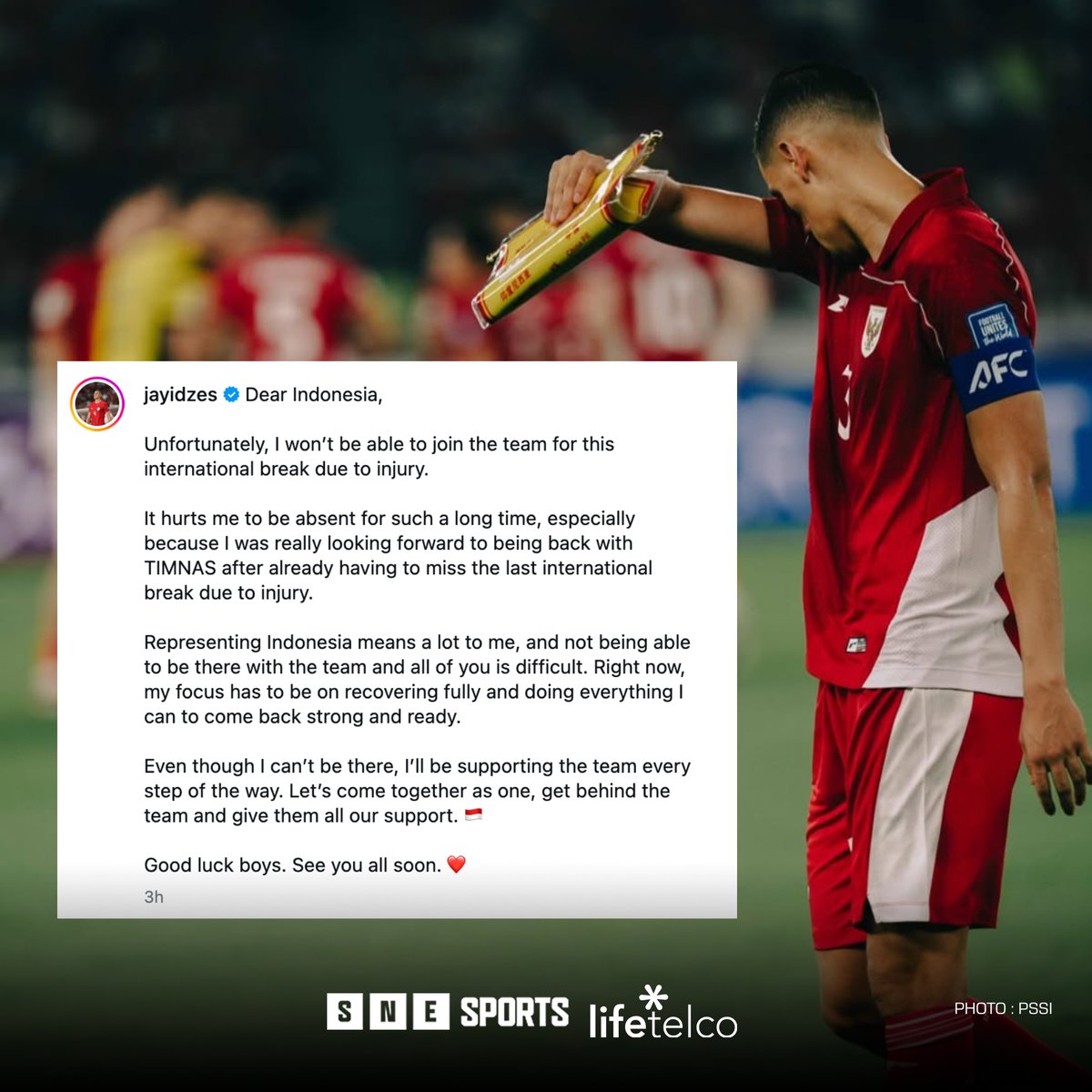 SNE_Sports's tweet photo. 🇮🇩 Jay Idzes, centre-back of Sassuolo, posted on his IG to apologize to Indonesian fans after being unable to play for the Indonesia national team in the FIFA ASEAN Cup 2026 due to injury.
📷 : PSSI
#FIFAASEANCup #Indonesia #JayIdzes
#SNESports
#LifeTelco https://t.co/mhghhRINi4
