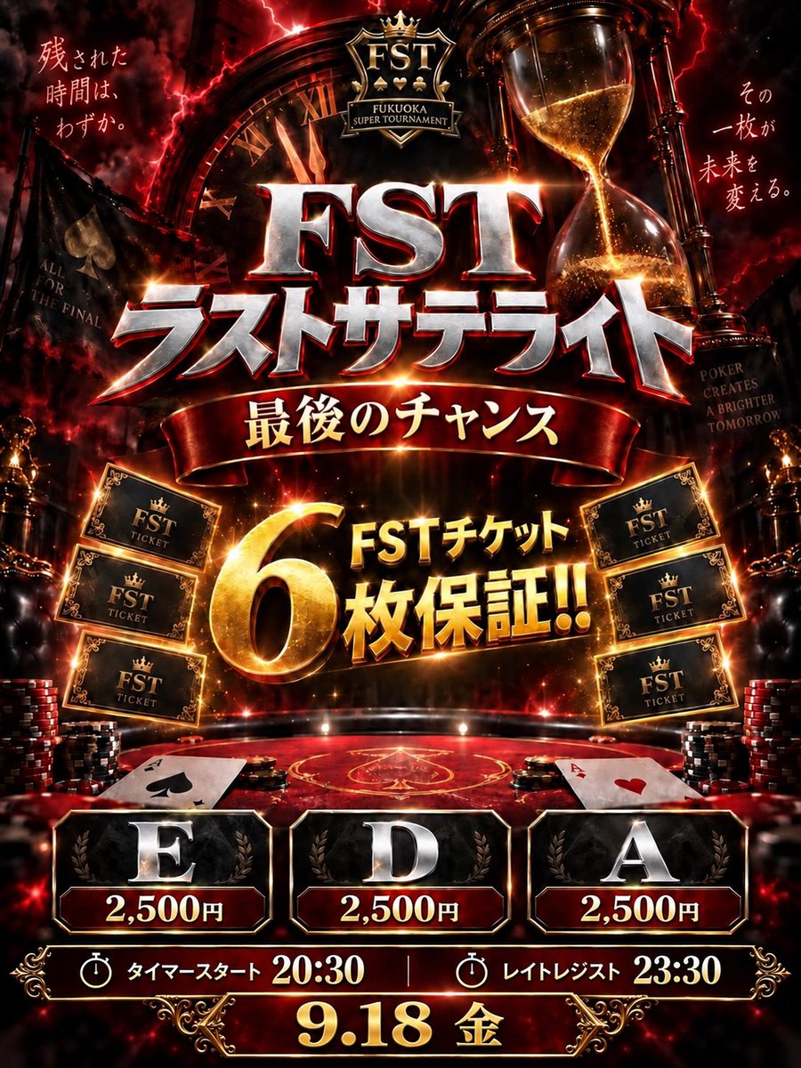 triplebarrel__'s tweet photo. 本日9月18日は……

🔥FSTラストイベント2日目🔥

この日はなんと……

🎫【FSTチケット合計10枚保証‼️】🎫

激アツトーナメント
2本立てで開催します🔥🔥

━━━━━━━━━━━━━━
❄️ DAY2想定フリーズアウト ❄️
━━━━━━━━━━━━━━

なんと……

🥇優勝者に
【FSTチケット4枚保証‼️】

もちろん、

エントリー数が
保証枚数を超えれば超えるほど、

チケットの排出枚数も
増えていきます🔥

そして今回のトーナメントは、

FST本番のDAY2を想定した
実戦形式‼️

本番で初めて
DAY2の空気やストラクチャーを
経験すると、

普段とは違う緊張感の中で
本来の力を出し切れないこともあります。

「あの場面でもっと考えておけばよかった」

「事前に経験しておけばよかった」

そんな後悔を本番で残さないために、

今のうちにしっかり
練習しておきましょう🔥

本番を想定した環境でプレーし、

スタックの使い方や
勝負どころを確認できる
貴重なチャンスです‼️

ここで経験した
一つひとつの判断が、

FST本番での大きな結果に
つながるかもしれません🏆

さらに今回は……

⏰【アーリーバード搭載‼️】

18:30〜20:00までに
エントリーすると、

ダブルエントリーが

💰【2,000円OFF‼️】🉐

⏰タイマースタート
19:00

⏰レイトレジスト
21:30

💰シングル
5,000円／100,000点

💰ダブル
10,000円／200,000点

━━━━━━━━━━━━━━
🔥🔥 ラストサテライト 🔥🔥
━━━━━━━━━━━━━━

そして最後は……

🎫【FSTチケット6枚保証‼️】🎫

ここが本当に、

FSTチケットを獲得できる
【最後の大チャンス】です‼️🔥

まだチケットを
集めきれていない方‼️

このラストサテライトが終わるまで、

絶対に諦めてはいけません🔥

最後の最後に
大量チケットを獲得し、

FSTの大型大会へ
挑戦しましょう‼️

チケットをたくさん集めて、

大型大会で多くの経験を積み、

最高の結果を残しましょう🏆✨

⏰タイマースタート
20:30

⏰レイトレジスト
23:30

💰エントリー
2,500円

💰ダブル
2,500円

💰アドオン
2,500円

FSTチケットを獲得できる、

最後の最後の大チャンス‼️

このチャンスを逃さず、

全力で掴み取りに来てください🔥🔥

皆様のご参加、

たくさんのご来店を
お待ちしております☺️

@fst_202408 
@choki2maki2
@triple_orio