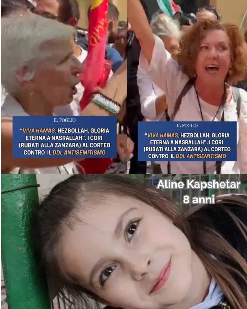 Free4futur99001's tweet photo. Giorno 9. Una al giorno. Tutti i giorni. Finché non saltano fuori i nomi. La bimba della foto è Aline Kapshetar, 8 anni. In vacanza con la famiglia, è stata massacrata insieme a tutti i suoi familiari il 7/10 dai terroristi di Hamas. il suo corpo è stato identificato il 18 ottobre, 11 giorni dopo... 
Non ci sono molte altre informazioni su di lei: era una bambina di 8 anni la cui vita è stata spezzata insieme a quella di tutta la sua famiglia mentre tornavano da un campeggio.
Uccisa con Dina, 34 anni, Evgeny 36 anni, e il fratellino Eitan, 5 anni. Una intera famiglia trucidata per strada dai terroristi sterminazionisti di Hamas. Gli stessi terroristi ai quali inneggiano le donne di questo video.  E non sappiamo ancora chi sono. Sappiamo cosa urlano invece: appoggio e sostegno ai terroristi sterminazionisti di Hamas.   Vogliamo sapere chi sono queste che in una piazza italiana, davanti al nostro Parlamento, cantano il loro appoggio ai terroristi bestiali, e non vogliono che sia approvata in Parlamento la legge contro l'antisemitismo. Si capisce perché: inneggiano ai terroristi sterminazionisti di Hamas e Hezbollah chiamandoli "resistenza" (lo dice la donna nel video). @Piantedosim siamo stanchi di aspettare: chi sono queste due donne che inneggiano a terroristi stupratori assassini sterminazionisti e protestano contro la legge contro l'antisemitismo?
@repubblica
@LaStampa
@Avvenire_Nei
@Corriere
voi, sempre così solerti, nemmeno voi sapete chi sono?