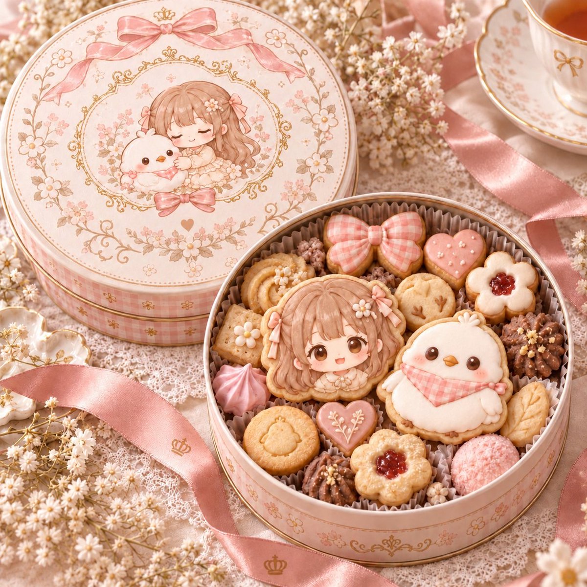 Shlromimikinako's tweet photo. 【プロンプト配布🍪🤍】
ふたりの大好きなクッキーを、
“うちの子クッキー缶”のプロンプトにしてみました🐰🐰✨
キャラの画像を添付して使うだけで、
その子らしさをぎゅっとつめこんだ
とっておきのクッキー缶を作ってもらえます🍪🎀
缶のデザインも、中に入るクッキーもおまかせ。
毎回ちょっぴり違うので、
どんなクッキー缶になるかは開けてからのお楽しみです🤍
よかったら、うちの子を
かわいいクッキー缶にしてあそんでみませんか？✨
遊んでくれたら
#しろきなあそびのたね
をつけてもらえると嬉しいです🐰🌱
引用RPも大歓迎です🤍
必須ではありませんが、引用してもらえると見つけやすいです✨
プロンプトはリプ欄へ👇